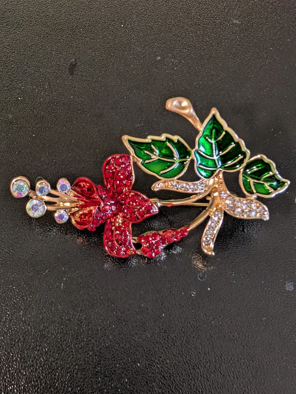 Floral Red and Green Crystal Brooch - Elegant Women's Jewelry